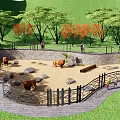 Park Landscape Featuring Fenced Bear Enclosure With Sandy Area Trees And Visitors Walking Nearby