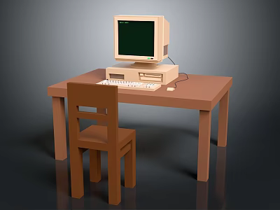 Brown Wooden Desk And Chair Furniture Set With Vintage Computer On Table For Home Office 3d model