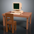 Brown Wooden Desk And Chair Furniture Set With Vintage Computer On Table For Home Office