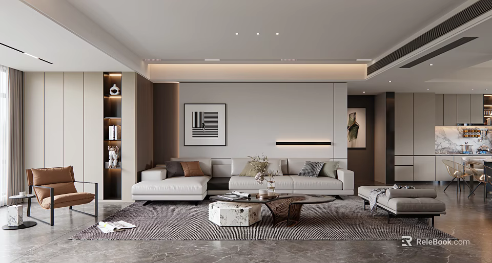 Modern Living Dining Room Interior Design With Sofa Coffee Table Rug And Decorative Artwork 3d model 
