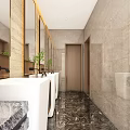 Modern Public Restroom Interior Featuring Sinks Mirrors Plants And Marble 3d model