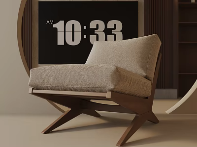 Modern Leisure Chair With Wooden Frame And Beige Fabric Cushion In Minimalist Interior 3d model