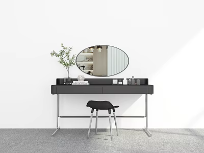 Modern Dressing Table With Oval Mirror Black Stool Green Plant And Metal Frame 3d model