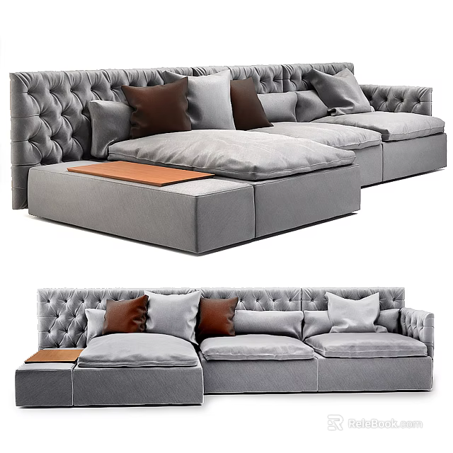 Gray Sectional Sofa With Tufted Backrest Brown Gray Cushions And Wooden Tray Top 3d model 