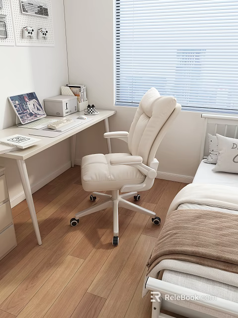 Modern Bedroom Interior With White Desk Office Chair Bed And Window Blinds 3d model 