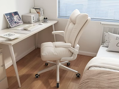 Modern Bedroom Interior With White Desk Office Chair Bed And Window Blinds 3d model