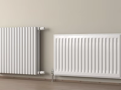 White Wall Mounted Heating Radiators Against Light Wall With Wooden Floor 3d model