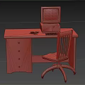 Vintage Wooden Desk Setup With Retro Computer And Swivel Chair