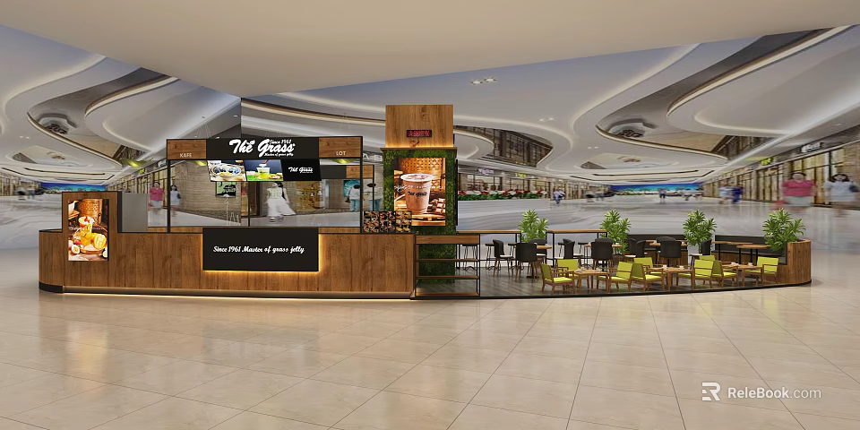 Modern Milk Tea Shop In Mall With Open Counter Seating Area And Beverage 3d model 