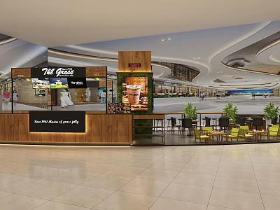 Modern Milk Tea Shop In Mall With Open Counter Seating Area And Beverage 3d model