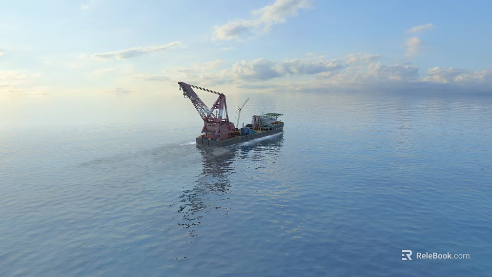 Scenic View of Calm Sea Surface With Construction Ship Crane Blue Sky and White Clouds 3d model 