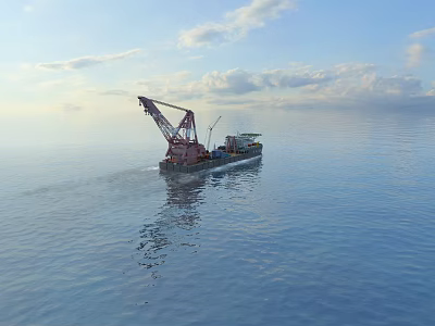 Scenic View of Calm Sea Surface With Construction Ship Crane Blue Sky and White Clouds 3d model