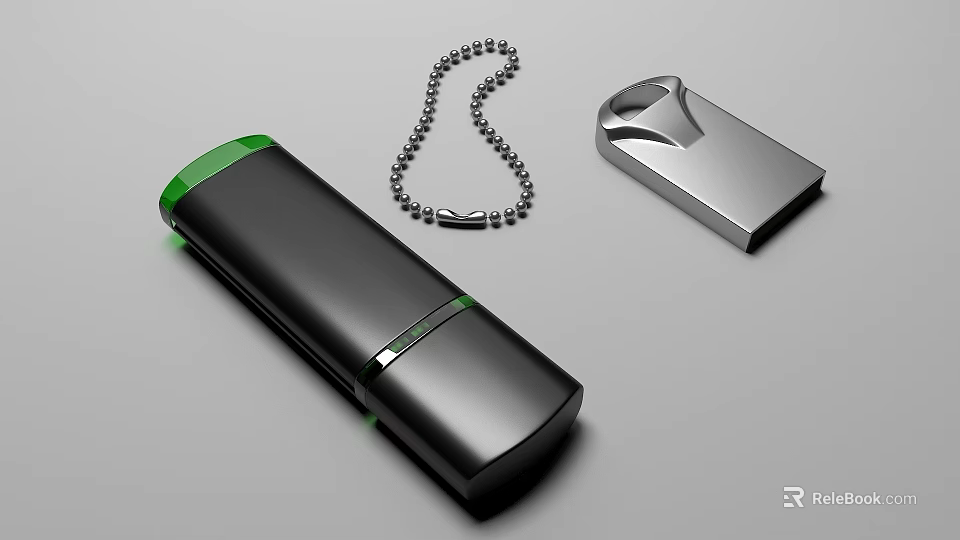 Stylish Black USB Flash Drive With Green Accent Silver Case And Metal Chain 3d model 