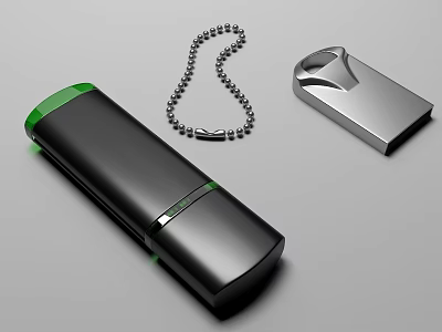Stylish Black USB Flash Drive With Green Accent Silver Case And Metal Chain 3d model