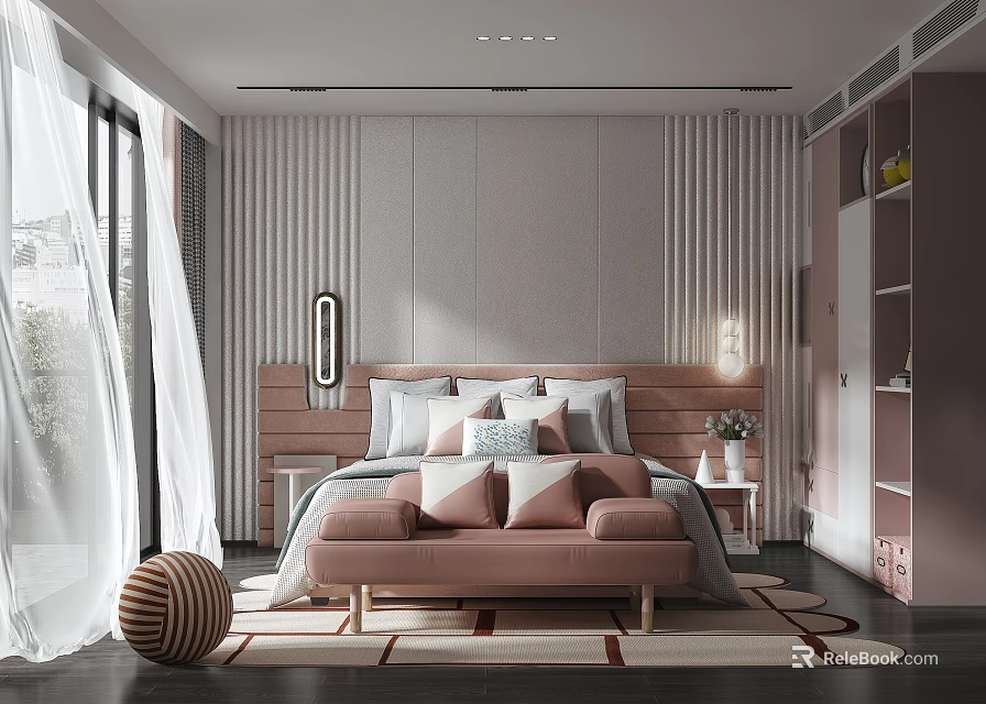 Modern Bedroom Interior With Striped Walls Headboard Pillows Bench And Geometric Rug 3d model 
