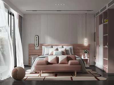 Modern Bedroom Interior With Striped Walls Headboard Pillows Bench And Geometric Rug 3d model
