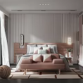 Modern Bedroom Interior With Striped Walls Headboard Pillows Bench And Geometric Rug