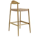 Natural Wooden Frame Bar Stool With Woven Seat And Detailed Craftsmanship