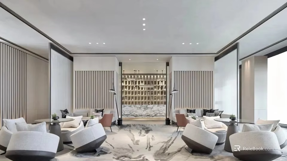 Modern Lounge Area Interior With Comfortable Sofas Stylish Chairs And Artistic Floor Design 3d model