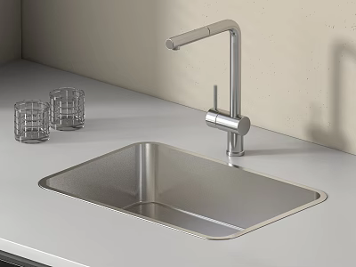 Stainless Steel Kitchen Sink With Modern Faucet And Glass Cups On Countertop 3d model
