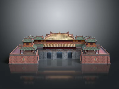 Traditional Ancient Chinese Architecture Featuring Red Brick Walls Yellow Tiled Roof And Symmetric Gates 3d model