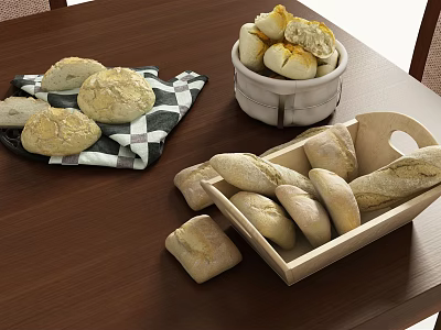 Freshly Baked Bread on Wooden Table with Basket and Checkered Cloth 3d model