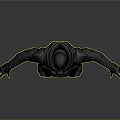 Male Character in Black Armor with Outstretched Arms Against Gray Background
