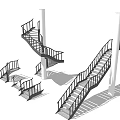 Modern Spiral and Straight Staircase Design with Metal Railings and White Pillars