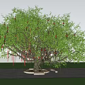 Tall Tree With Lush Green Leaves Red Ribbons Colorful Square Decorations And People Gathering Around