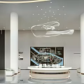 Modern Sales Office Interior With Reception Desk Pendant Light And Large Glass Windows