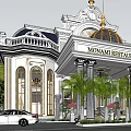 Classical Hotel Building With Dome Columns Palm Trees And Parking Area 3d model
