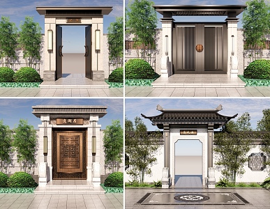 New Chinese Courtyard Door Villa Gate Entrance Gate Wall 3d model