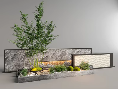 Landscape Feature Wall Design With Stone Finish Water Feature Bamboo Plant and Decorative Pebbles 3d model