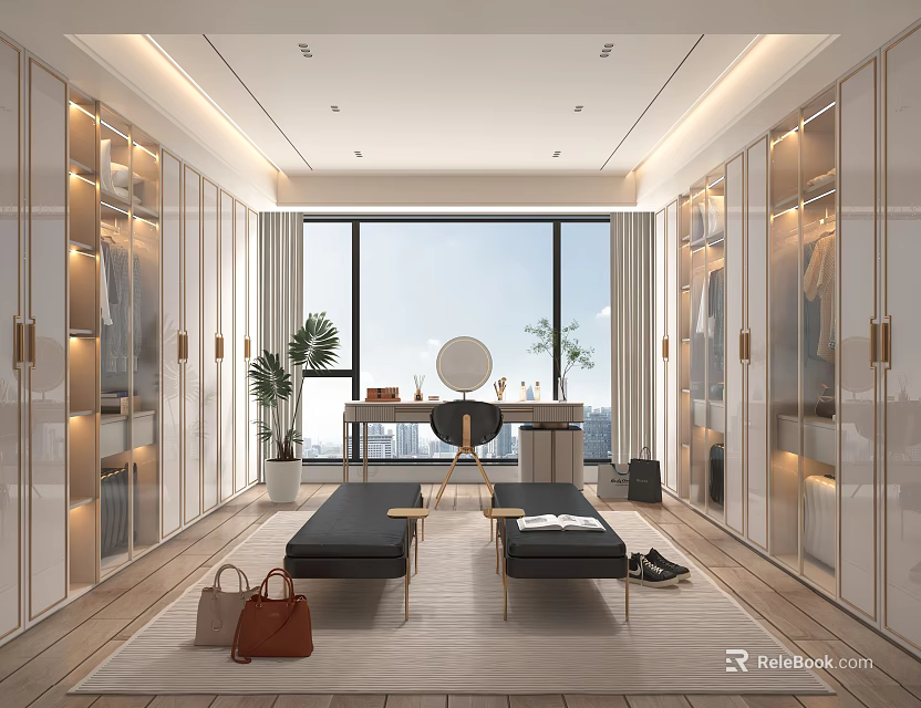 Elegant Modern Walk-in Closet Interior With Large Window Dressing Table Bench And Cabinets 3d model 