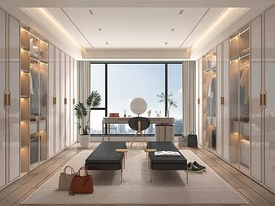 Elegant Modern Walk-in Closet Interior With Large Window Dressing Table Bench And Cabinets 3d model