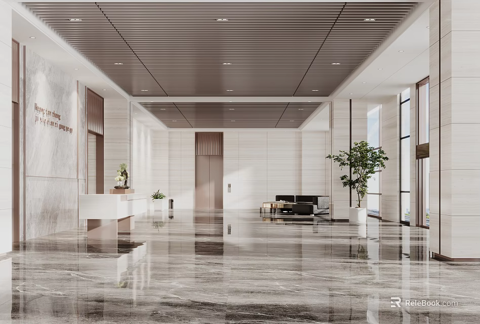 Elegant Modern Lobby Front Desk Reception With Marble Flooring Sofa Area And Large Windows 3d model