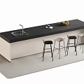 Modern Bar Counter With Black Top White Cabinet Sink Fruit Bowl And Metal Stools