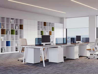 Modern Public Office Space With Open Layout White Desks Computers Bookshelves And Natural Light 3d model