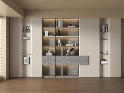 Modern Bookcase With Sleek Design Multiple Shelves Drawers White Gray Lighting Accents Books Decorations 3d model