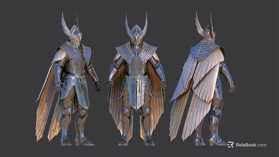 Mythical Winged Horned Warrior In Intricate Armor With Feathered Wings And Spiked Horns 3d model 