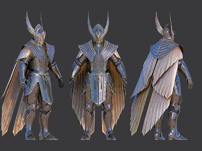 Mythical Winged Horned Warrior In Intricate Armor With Feathered Wings And Spiked Horns 3d model