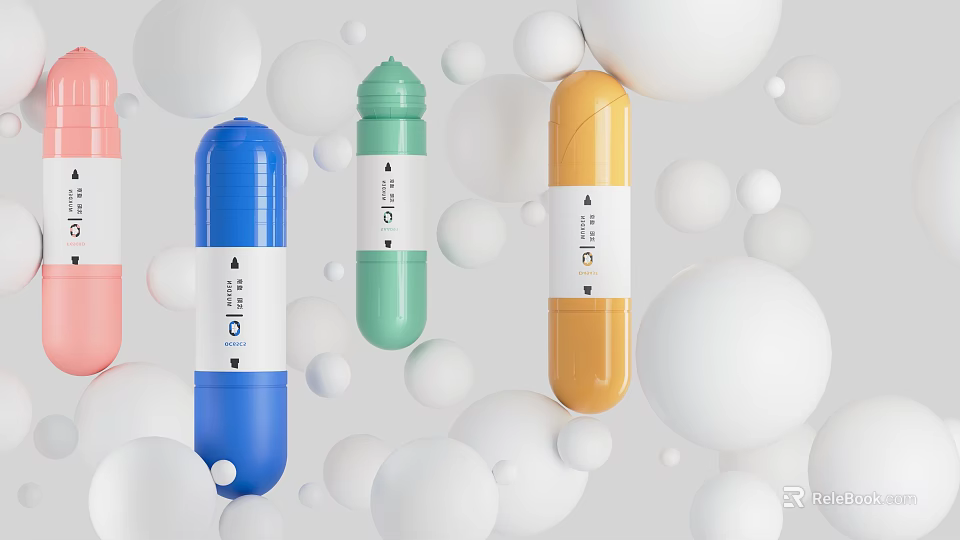 Vibrant Cylindrical Writing Pens in Blue Green Orange with White Spheres 3d model 