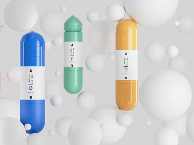 Vibrant Cylindrical Writing Pens in Blue Green Orange with White Spheres 3d model