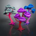 Cartoon Fantasy Scene With Colorful Mushroom Trees Pink Trunks And Blue Caps
