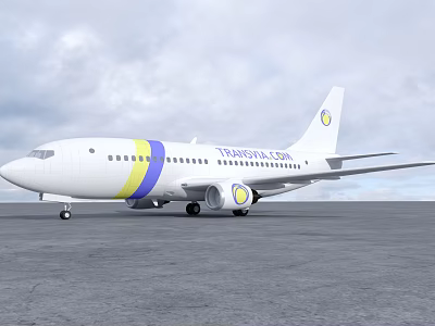 Transavia Airliner White With Yellow And Blue Stripes Parked On Airport Runway Under Cloudy Sky 3d model