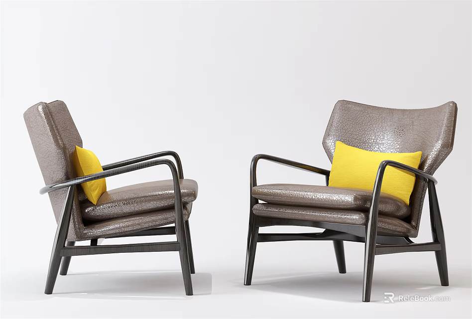 Stylish Gray Leather Leisure Chairs With Yellow Cushions And Black Metal Armrests Design 3d model 