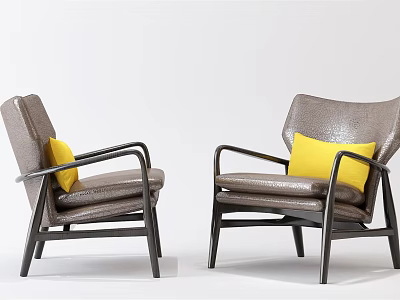 Stylish Gray Leather Leisure Chairs With Yellow Cushions And Black Metal Armrests Design 3d model