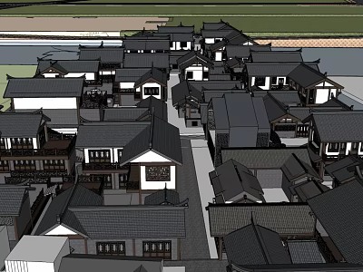 Traditional Commercial Street Featuring Neatly Arranged Classical Buildings And Black Tiled Roofs 3d model