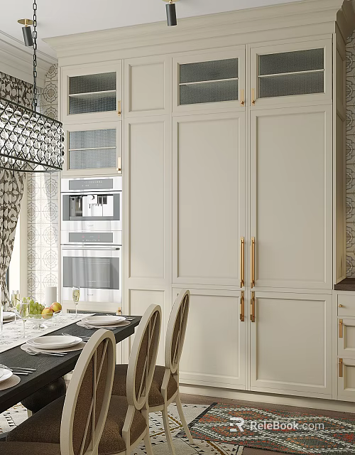 Modern Dining Living Room Interior Design With White Cabinets Gold Handles Dining Table And Chairs 3d model 