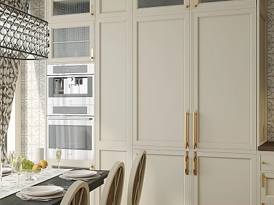 Modern Dining Living Room Interior Design With White Cabinets Gold Handles Dining Table And Chairs 3d model